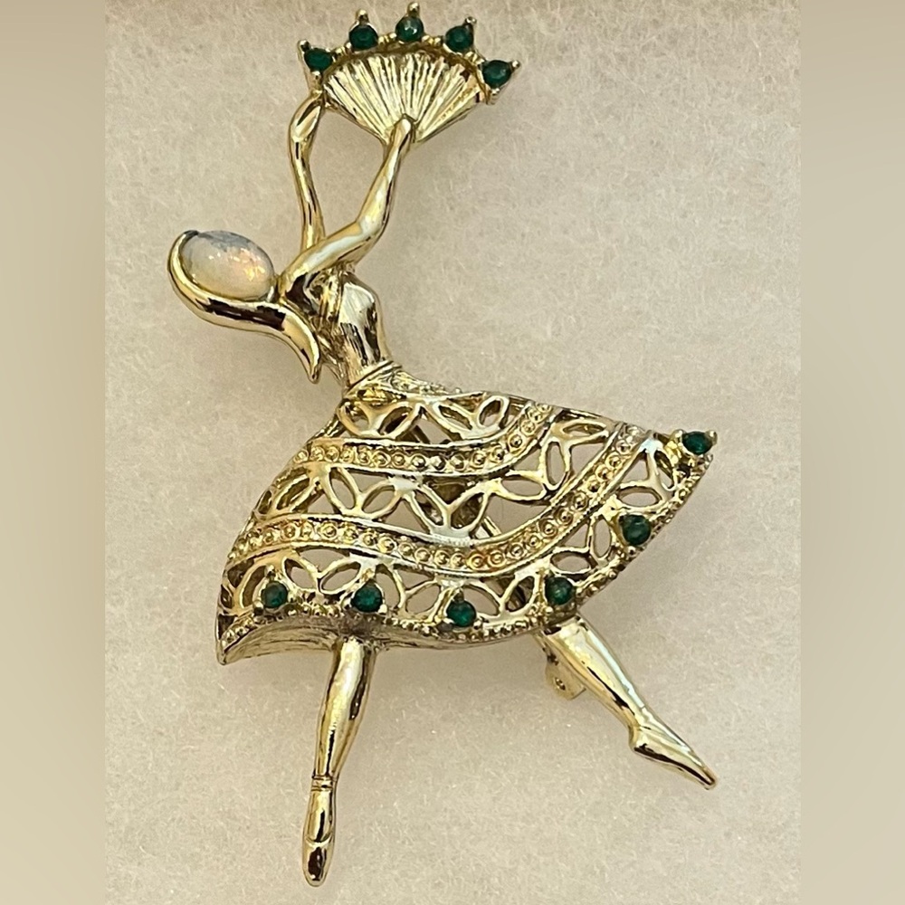 Elegant Gold and Green Dancer Brooch